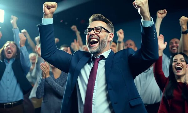 Successful businessman leader congratulates office workers. Men and women in business suits clap their hands. Concept: Profitable deal, joy of success.