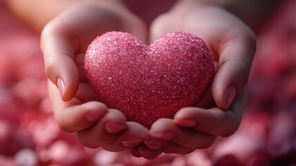 Obraz premium A beautiful pink heart held delicately in hands, surrounded by a soft, romantic background of pink petals and light.