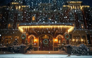 Fototapeta premium A grand hotel exterior with illuminated icicle lights, wreaths on the doors, and snow gently falling in the evening