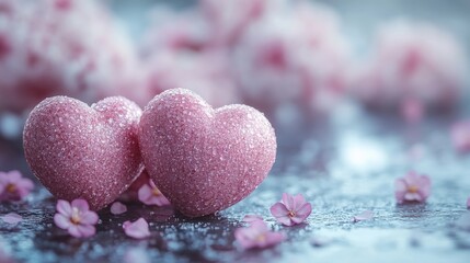 Fototapeta premium Two pink hearts glisten with droplets while surrounded by soft petals, conveying love and affection in a delicate way.