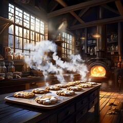 Cozy Bakery Interior with Gingerbread Trays in a Warm Atmosphere