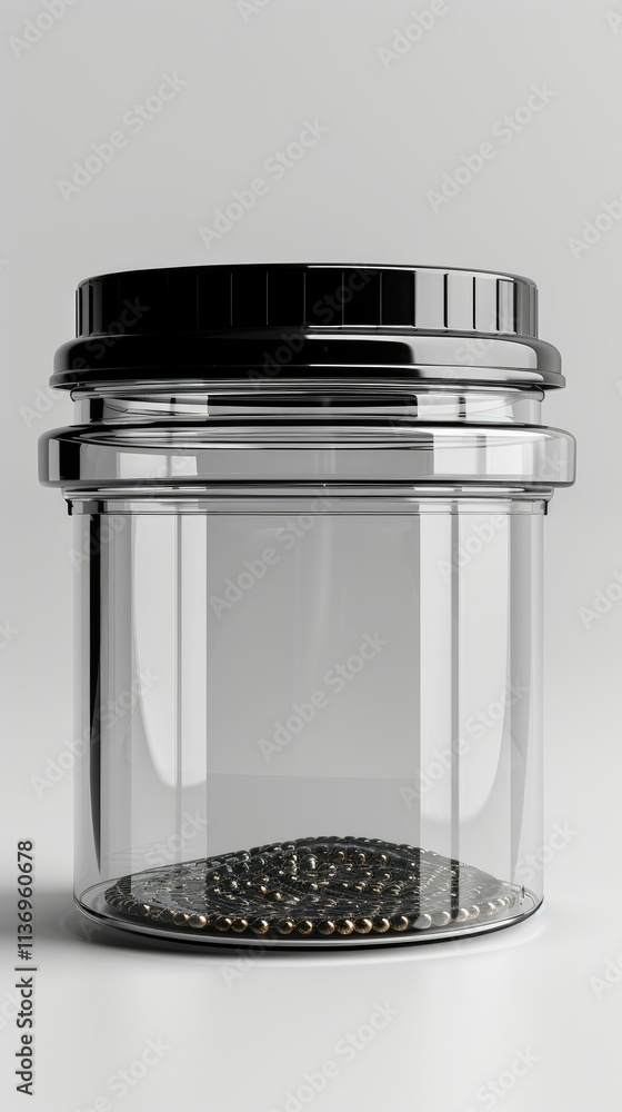Poster a clear jar with a black lid containing small, metallic objects at the bottom.