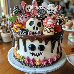 Whimsical Halloween Cake with Colorful Decorations and Toppings
