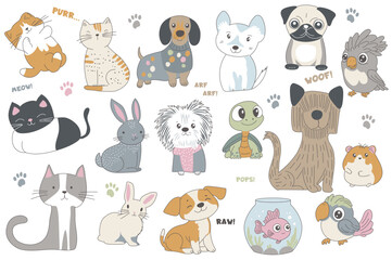 Cute cartoon domestic animals set elements in flat graphic design. Collection of funny playful cats and kittens, dog and puppies, parrots, rabbits, turtle, hamster, fish aquarium. Vector illustration.