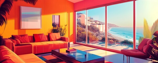 Sea View Living Room Background. Contemporary Interior Design. Generative AI.