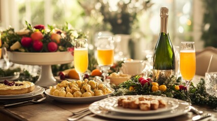 Festive table setting with delicious food, sparkling wine, and vibrant decorations for a joyful celebration