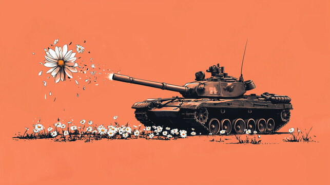 Military tank firing daisies drawing and collage. Minimal creative concept of war ending, stopping the war or anti-war movement campaign, peace enforcement and keeping. Pop culture style. Copy space