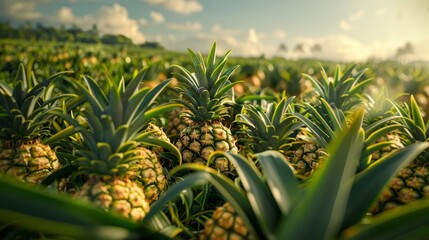 Vibrant depiction of lush pineapple field surrounded by lush foliage showcasing tropical abundance