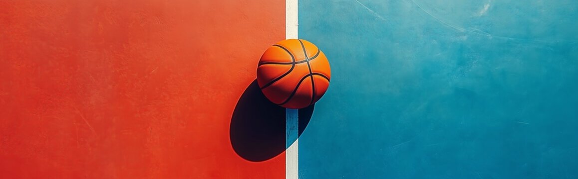 A basketball is sitting on a court with a red and blue line. The basketball is orange and is in the middle of the court
