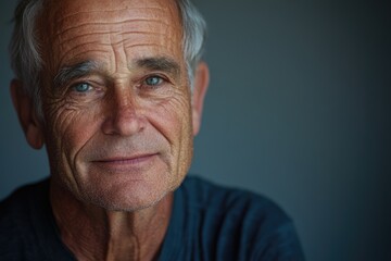 Obraz premium Close-up portrait of a pensive elderly man with gray hair and blue eyes, showing the textures of age.