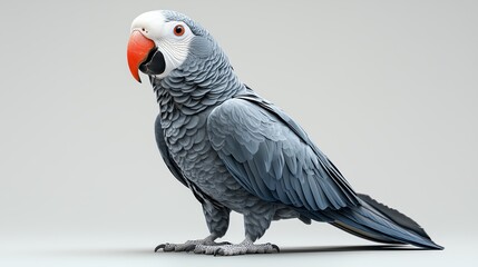 Obraz premium A grey and white parrot is standing on a white background. The bird has red eyes and a red beak