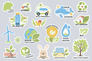 Ecology stickers with slogans set elements in flat graphic design. Collection of zero waste, go green, eco friendly, save ocean, recycle, no plastic, bio, organic, cruelty free. Vector illustration.