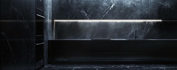 Obraz premium Space to showcase your product on a black marble kitchen countertop in a modern black kitchen.