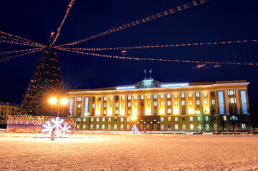 Veliky Novgorod, Russia. Winter night landscape of Veliky Novgorod, Russia, central city square...