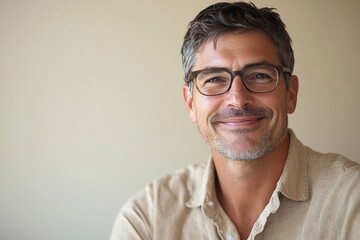 A smiling middle-aged man with glasses, wearing a light beige shirt.