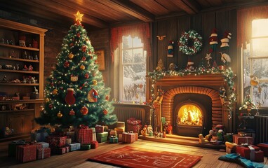Fototapeta premium cozy room fireplace christmass tree with decorations toys and lights professional photo
