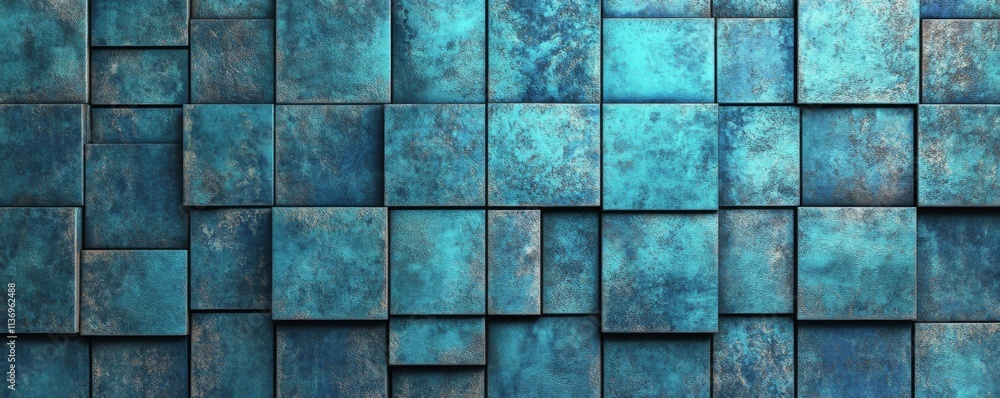 Poster rectangular tiles arranged to create a wall. textured, blue patina background formed from polished b