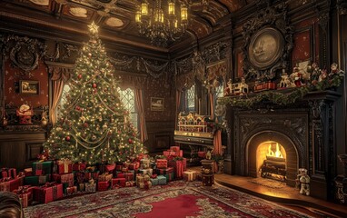 Festive Victorian-style room with an ornate fireplace, a lavishly decorated tree, and a train set circling around the presents