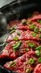 Close up of premium marbled beef searing in a skillet with green onions, showcasing gourmet quality