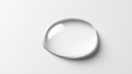 A drop of water on a white surface. The drop is clear and has a shiny surface. The water is not moving