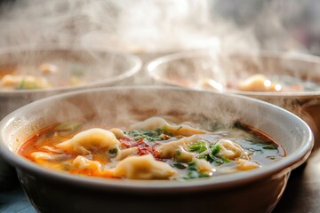Steaming bowls of delicious wonton soup, a savory broth with tender wontons and fresh herbs.
