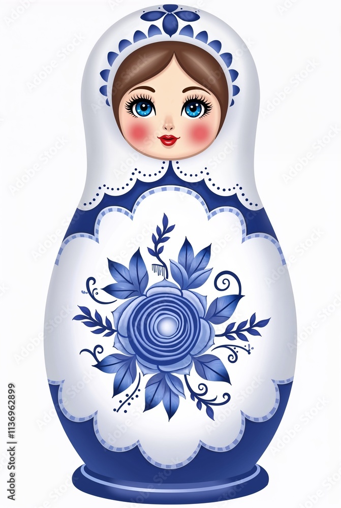 Wall mural Illustration of a traditional Russian nesting doll on a white background, with intricate blue floral patterns decorating its body.