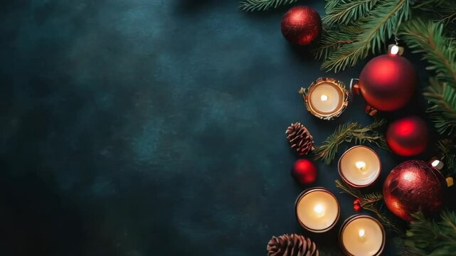 Blue background with red and white Christmas decorations. There are four candles and four red balls