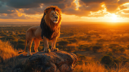 Majestic Lion at Sunset in the African Savanna