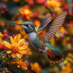 Obraz premium Hummingbird in Flight Near Orange Flowers