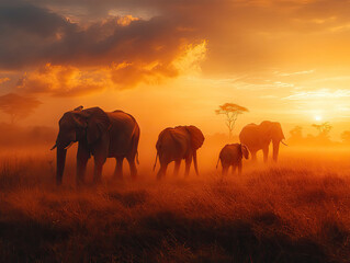 Fototapeta premium African Elephant Family at Sunset