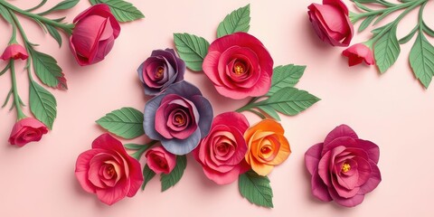 Naklejka premium Colorful paper roses arranged in a beautiful backdrop, roses, design, paper