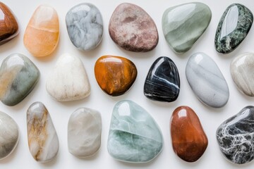 Collection of polished tumbled stones in various colors and textures.