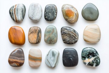 Collection of polished tumbled stones with various colors and patterns, showcasing natural beauty.