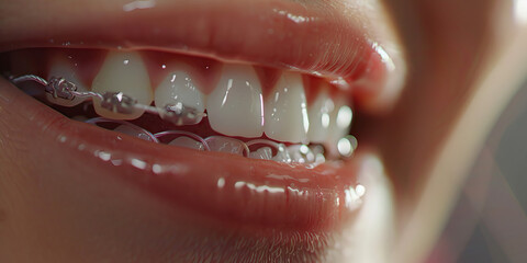 Close-up of Lower Teeth with Clear Braces