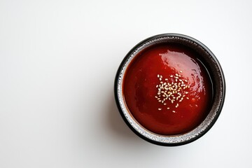 A small bowl of vibrant red sauce, garnished with sesame seeds, sits on a white background.