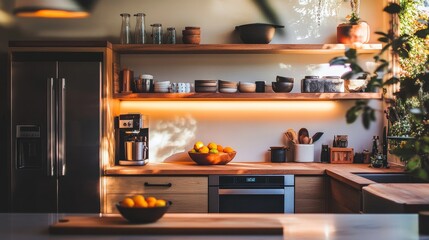 Modern kitchen interior with wooden shelves, coffee maker, and a bowl of fresh oranges in soft, natural light