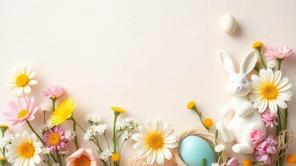 Easter eggs, bunny figurine, spring flowers, grey concrete background, composition, religious