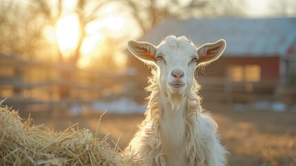 Obraz premium A close-up of a smiling goat in a sunny farm setting with hay.