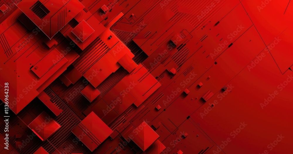 Poster abstract red geometric design with layered shapes and lines for digital backgrounds.