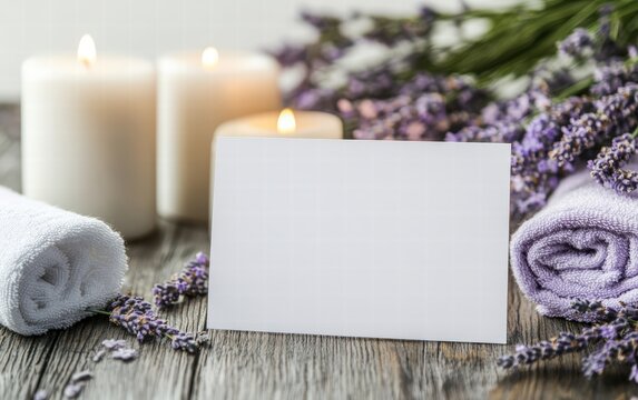 A blank spa gift certificate placed elegantly on a wooden table with aromatic candles, soft towels, and lavender flowers on a bright white background