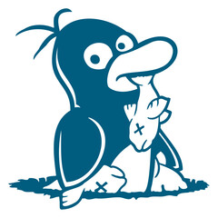 Penguin Eats Fish Caught Ground Hole Hunger Cool Design Lover Art Vector Illustration Card T-Shirt Poster Sticker Graphic Print Decorative Drawing Isolated Logo Decoration Symbol Creative Cool Style