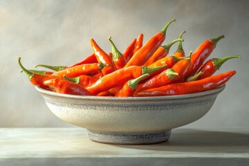 A ceramic bowl brimming with vibrant orange chili peppers, bathed in soft light.