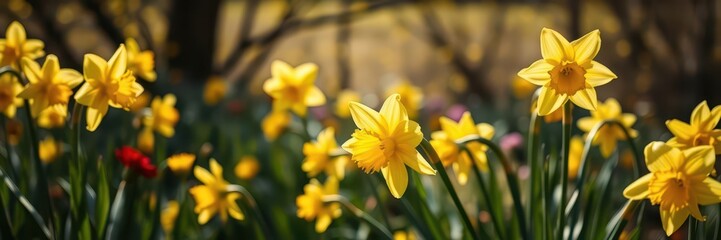 Vibrant daffodil flowers blooming in a picturesque field under the bright sun, yellow, springtime, beautiful
