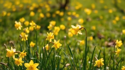 Vibrant daffodil flowers blooming in a field on a sunny day, seasonal, countryside, sunny