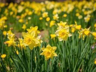 Obraz premium Vibrant daffodil flowers blooming in a lush field under the bright sun, daffodils, garden, flora