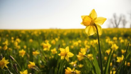 Obraz premium Vibrant daffodil flowers blooming in a sunlit field, yellow, vibrant