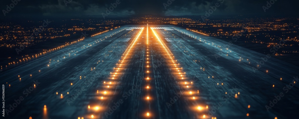 Poster travel airplane concept. aerial view of illuminated runway lights in dark setting, creating striking