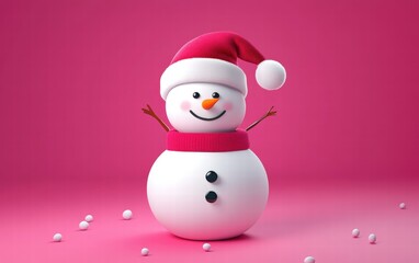 A snowman wearing a Santa hat on a raspberry pink background