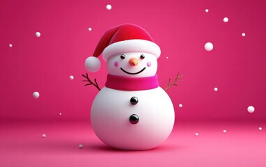 A snowman wearing a Santa hat on a raspberry pink background