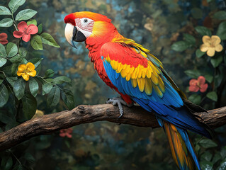 Scarlet Macaw Perched on Branch Amidst Lush Tropical Flowers